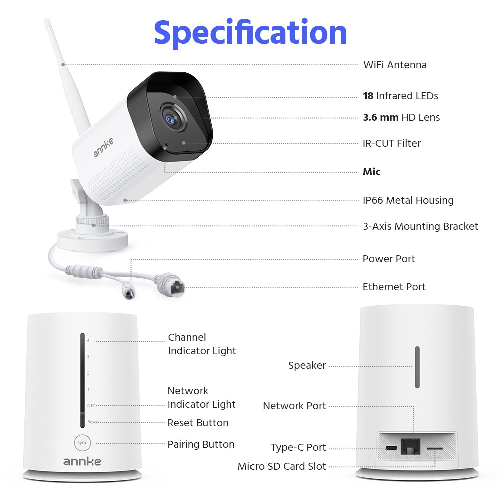 ANNKE Wireless 4CH NVR 3MP Security Camera System Two-Way Audio WIFI Outdoor IR