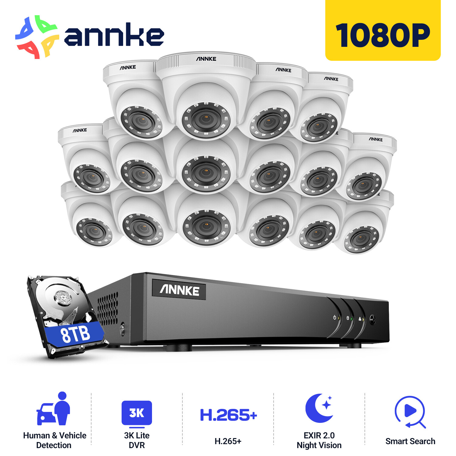 ANNKE 16CH 3K Lite 5in1 DVR 1080P CCTV Security Camera System IR Night Vision