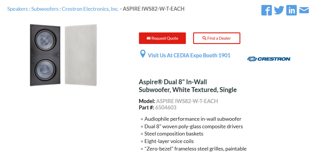 NEW! Crestron ASPIRE IWS82-W-T Rectangular In-Wall Speaker Subwoofer White Each