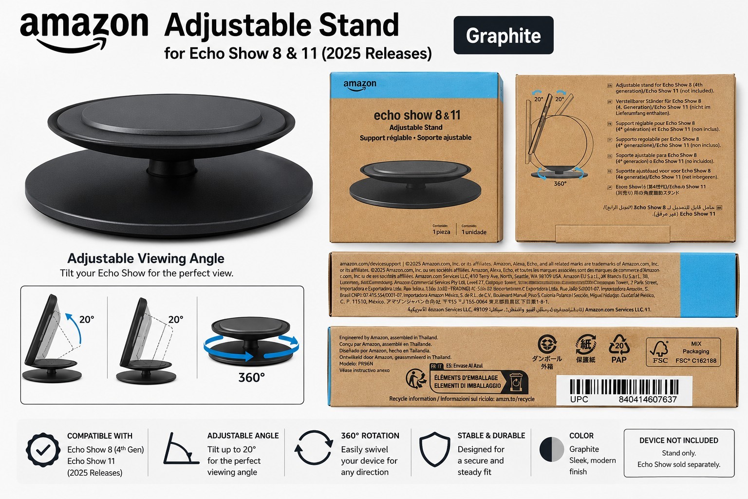 Amazon Adjustable Stand for Echo Show 8 (4th Gen) & 11 Graphite Genuine OEM