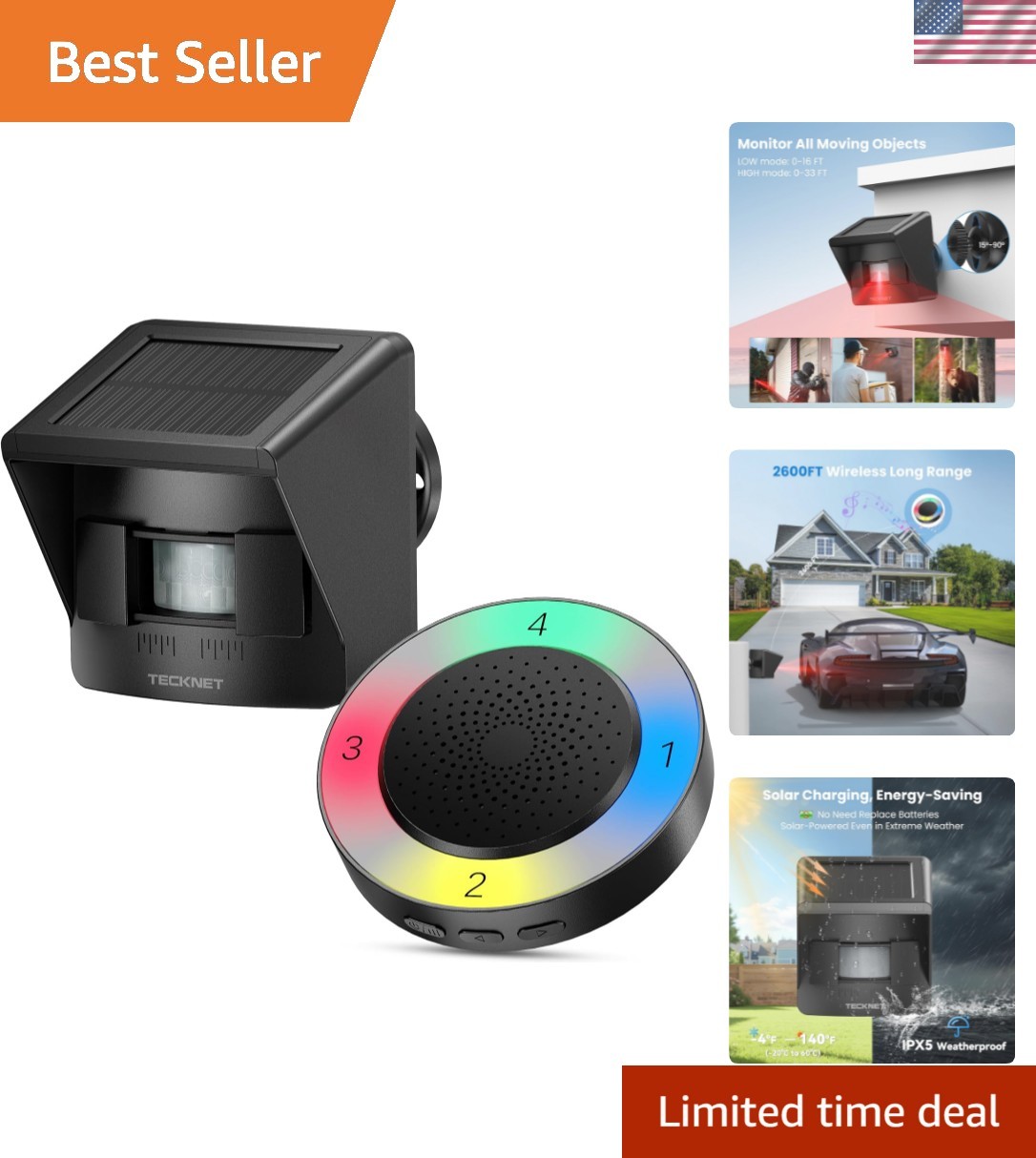Eco-Friendly Solar Driveway Alarm with 5 Volume Levels & Weatherproof Design