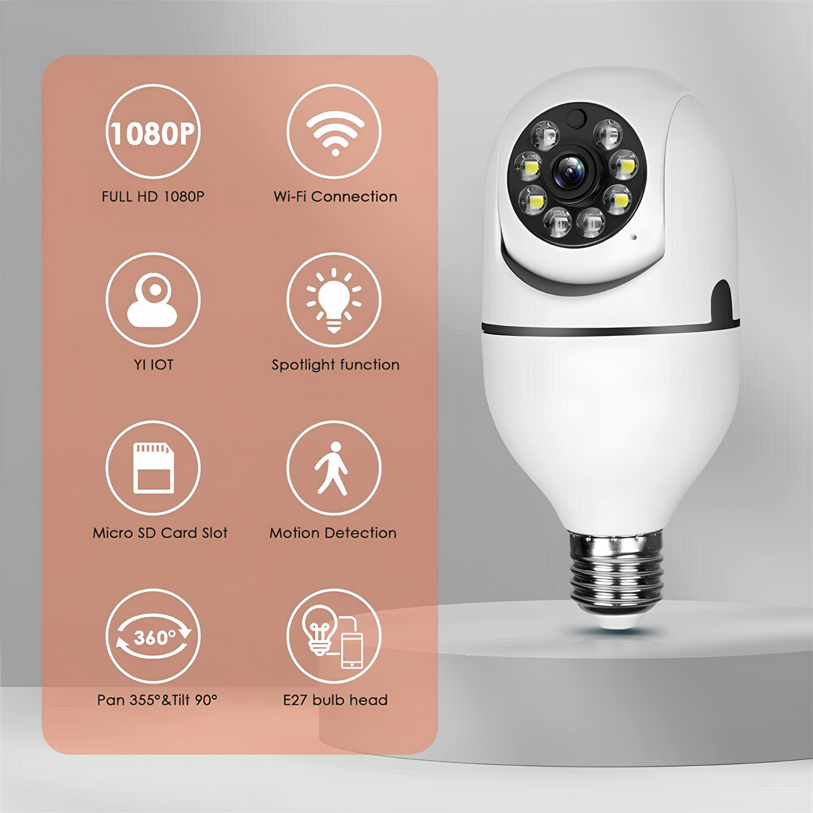 1080P Light Bulb Security Camera WiFi 360° PTZ Two Way Audio Night Vision V380