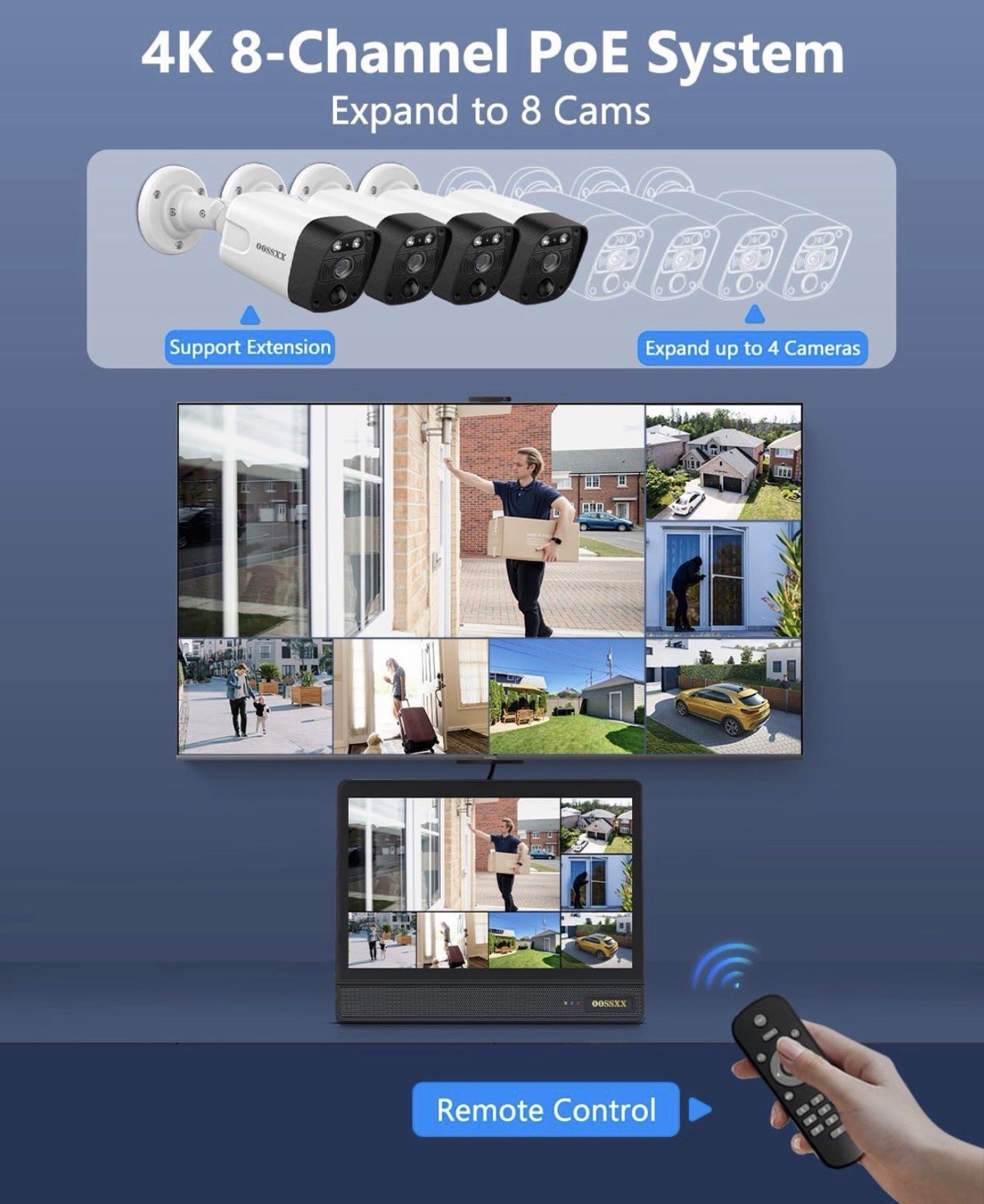 OOSSXX 4K PoE Security Camera System 8CH NVR 10.2″ Monitor 4 Cameras 1TB AI