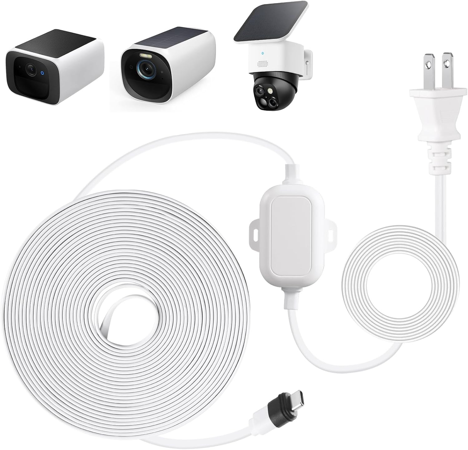 30FT Power Adapter for Eufy Solocam,Eufycam,and Indoor Cam,White Charger & Cable