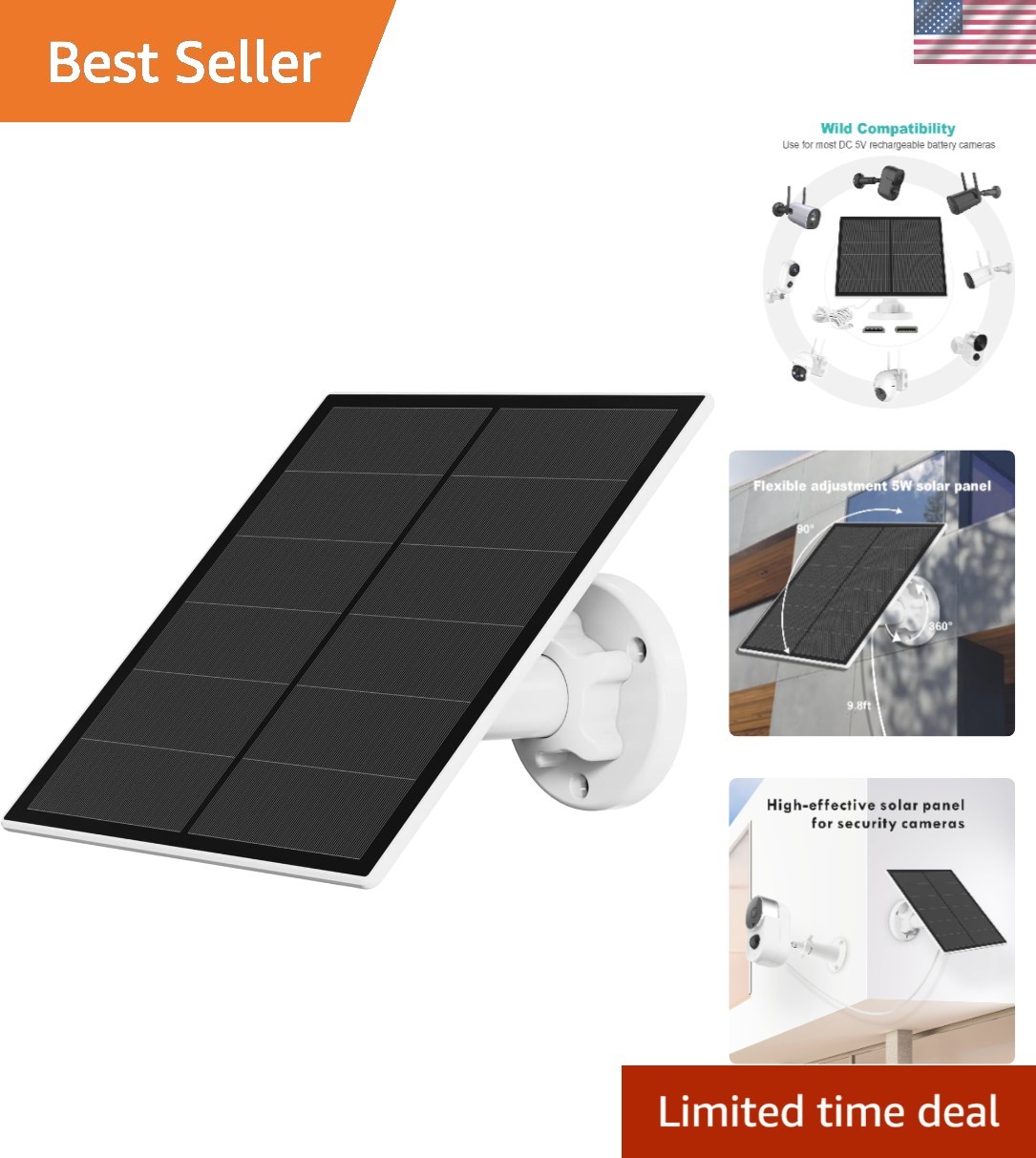 Waterproof Solar Panel 5W for Rechargeable Battery Cameras – USB Compatible