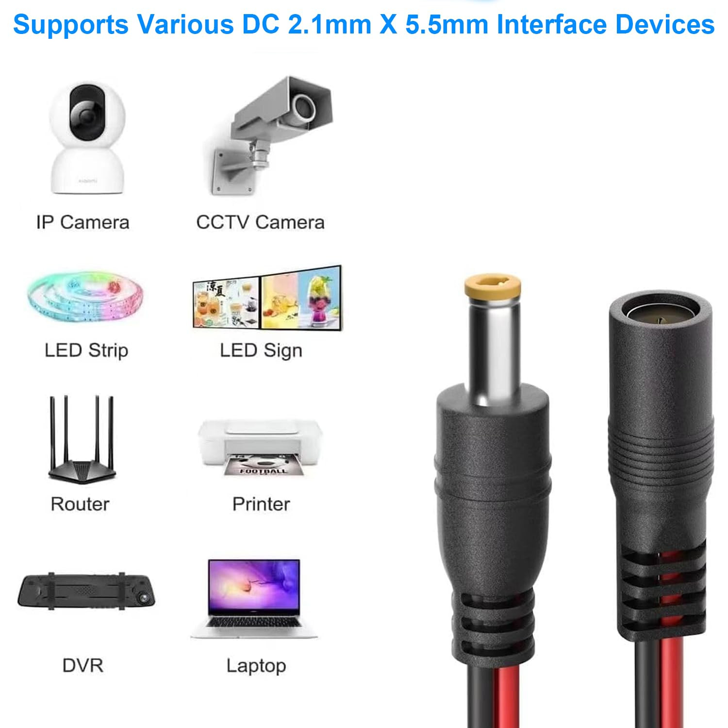 (Real 18AWG) 1 Pairs 12V 5A DC Power Pigtail Barrel Plug Connector Cable, 2.1Mm