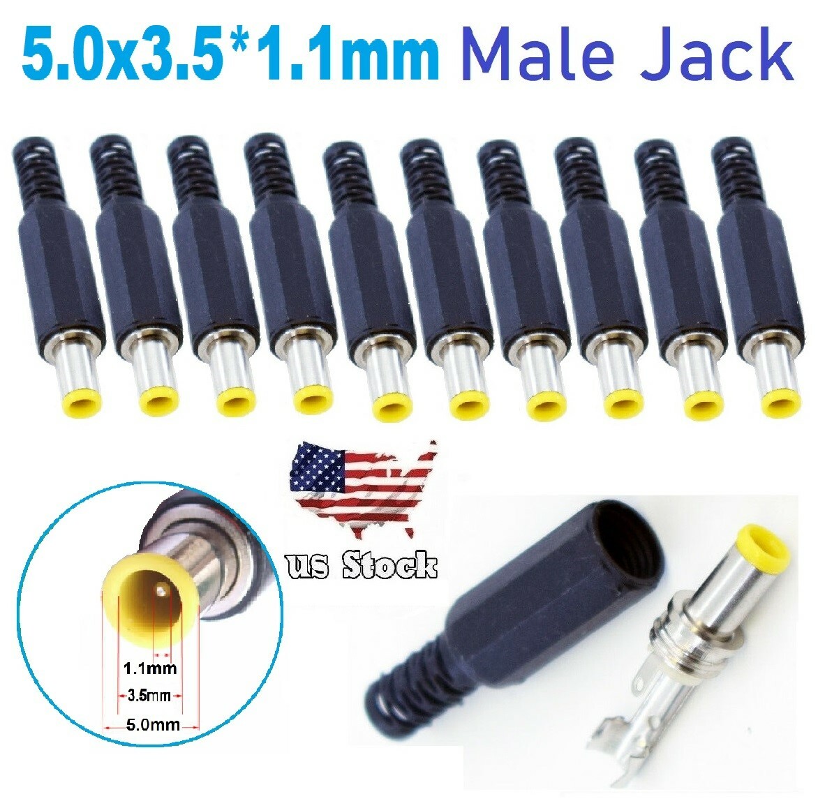 10 pcs 5.0×3.5mm*1.1mm *9.5mm Male DC Power Plug Socket Jack Connector Adapter