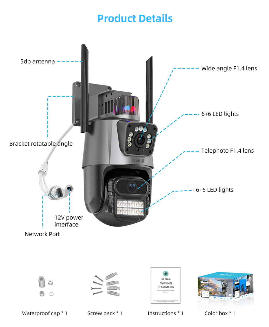 2.4G WiFi IP Dual Lens Camera 6MP HD Night Vision Security CCTV Onvif PTZ Camera