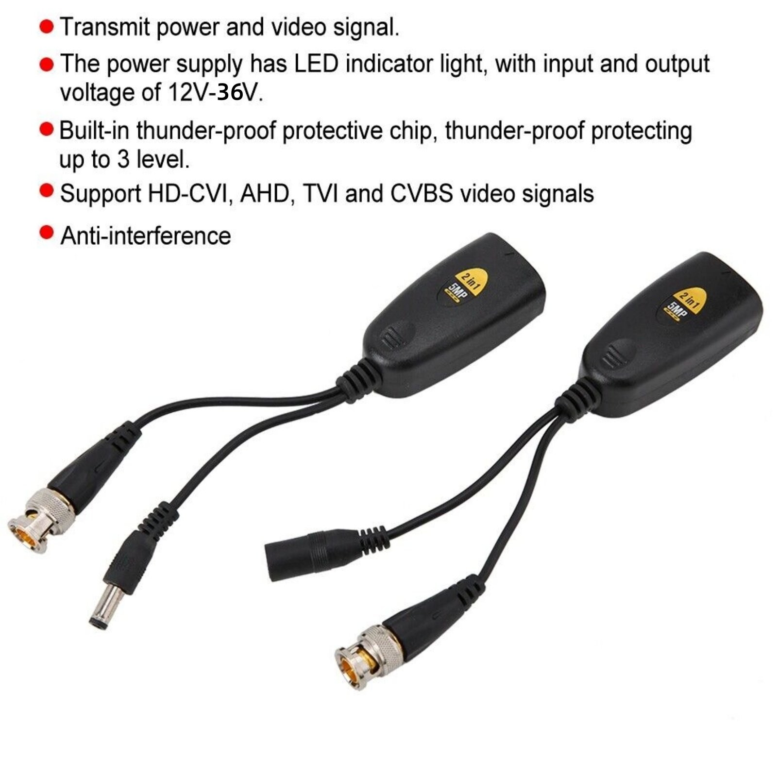 1 Pair Thunder-Proof Level 3 BNC To POE Adapter Balun Connector For Surveillance