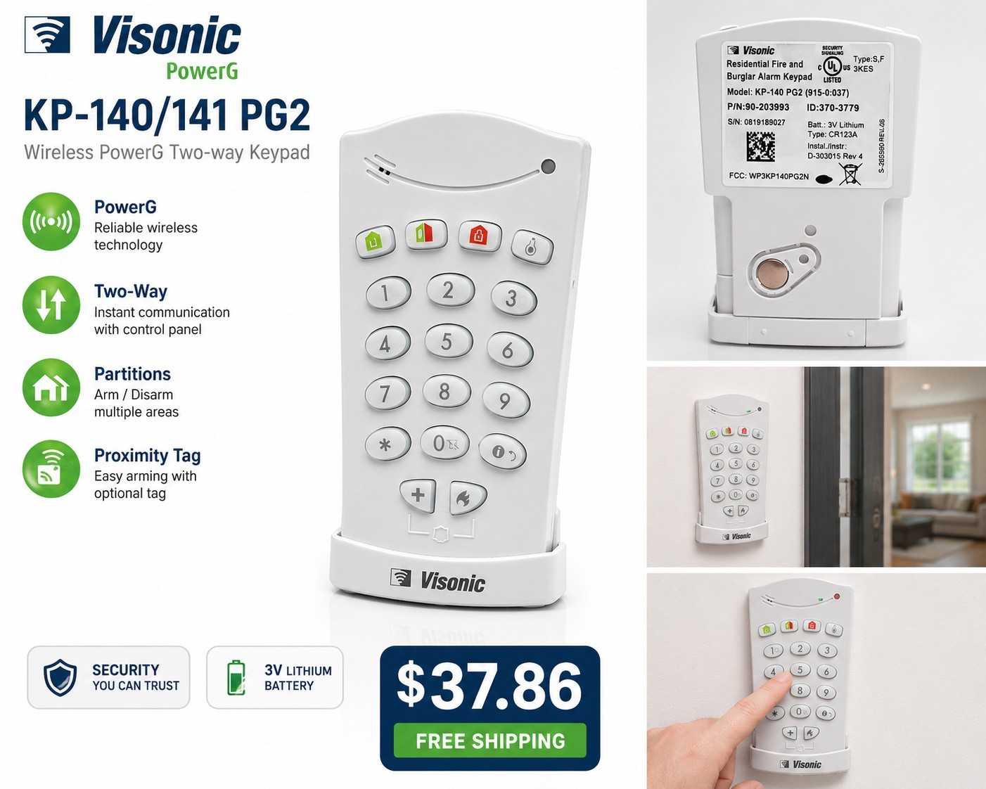 Visonic KP-140/141 PG2 POWER G REMOTE 2-WAY KEYPAD ( 433-0:037)