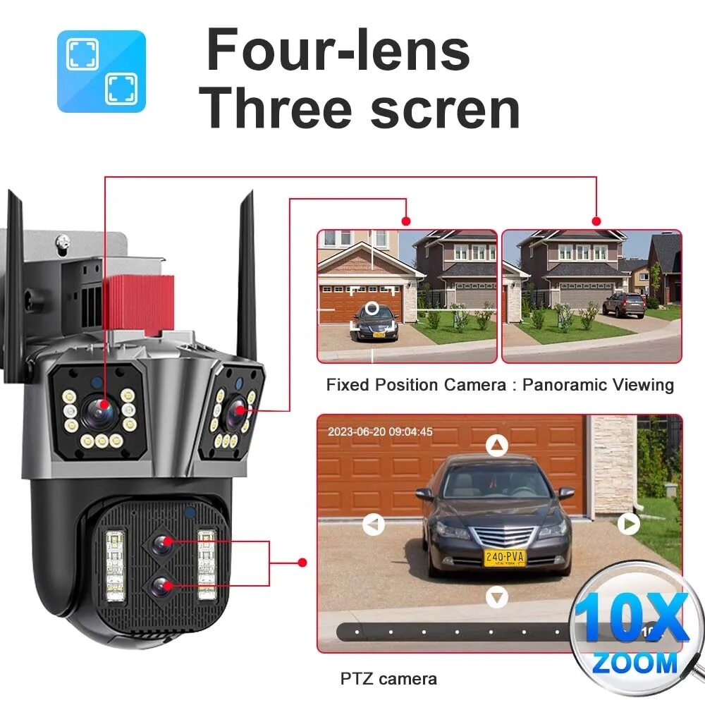 16MP 8K Four Lens IP Camera 10X Zoom PTZ WiFi Security Auto Tracking CCTV IR Cam