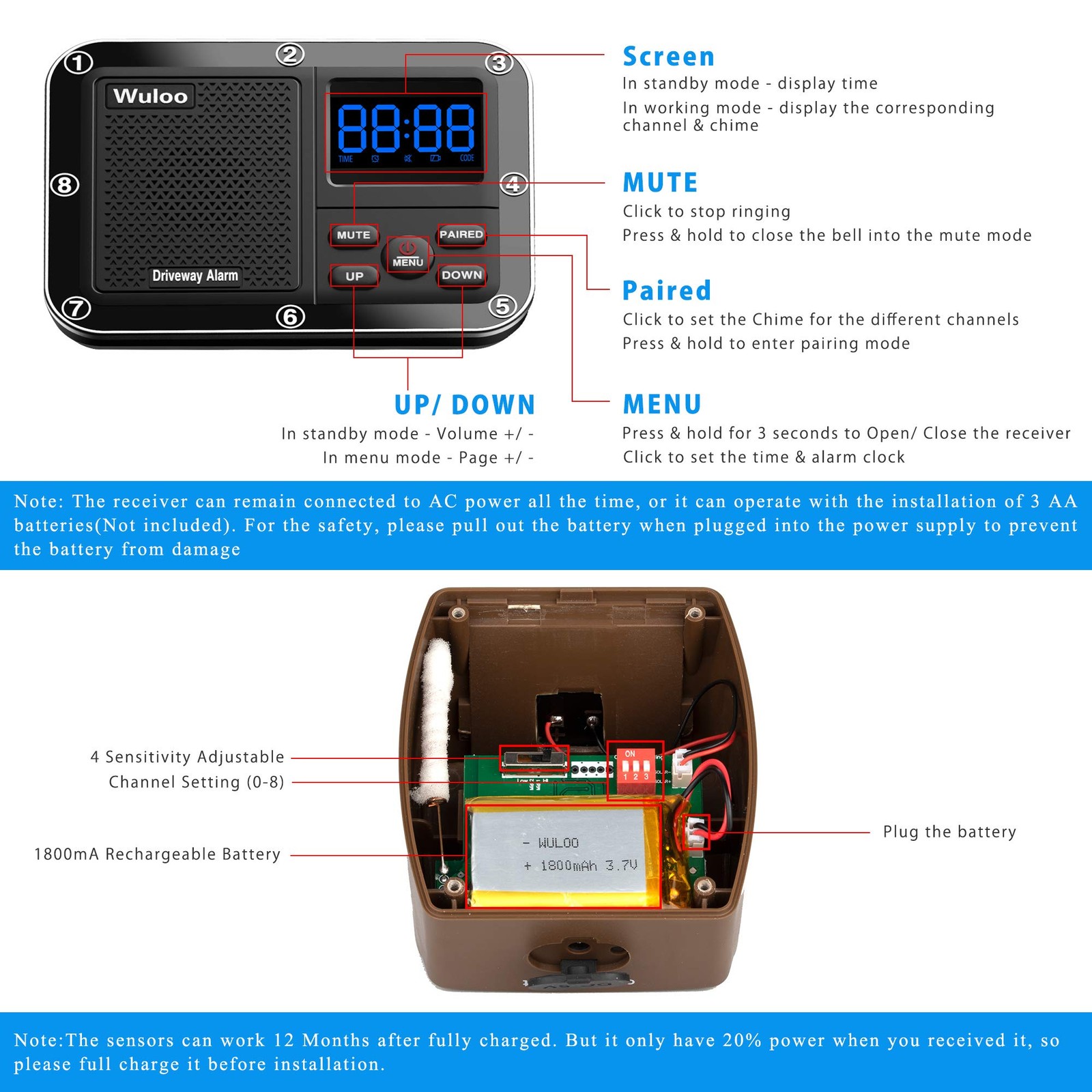 Solar Driveway Alarm 1800ft Range, Wireless Motion Sensor, Weatherproof Alert