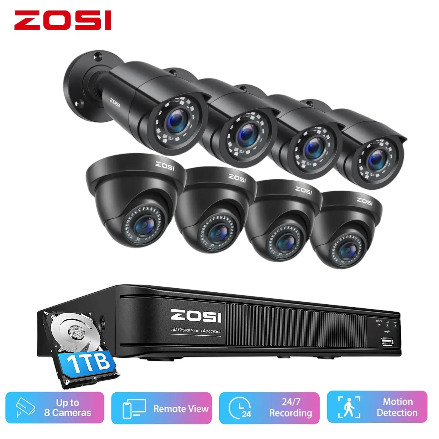 ZOSI 5MP Lite 8CH DVR H.265+ Surveillance Camera System 1TB Outdoor Night Vision