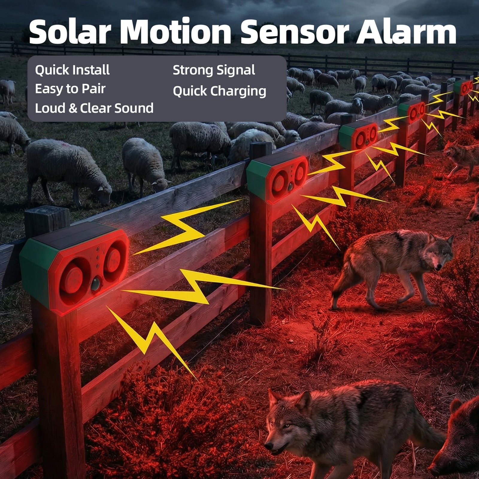 Solar-Outdoor Motion Sensor Alarm: Coyote Deterrent 130dB Dual Speakers Sound…