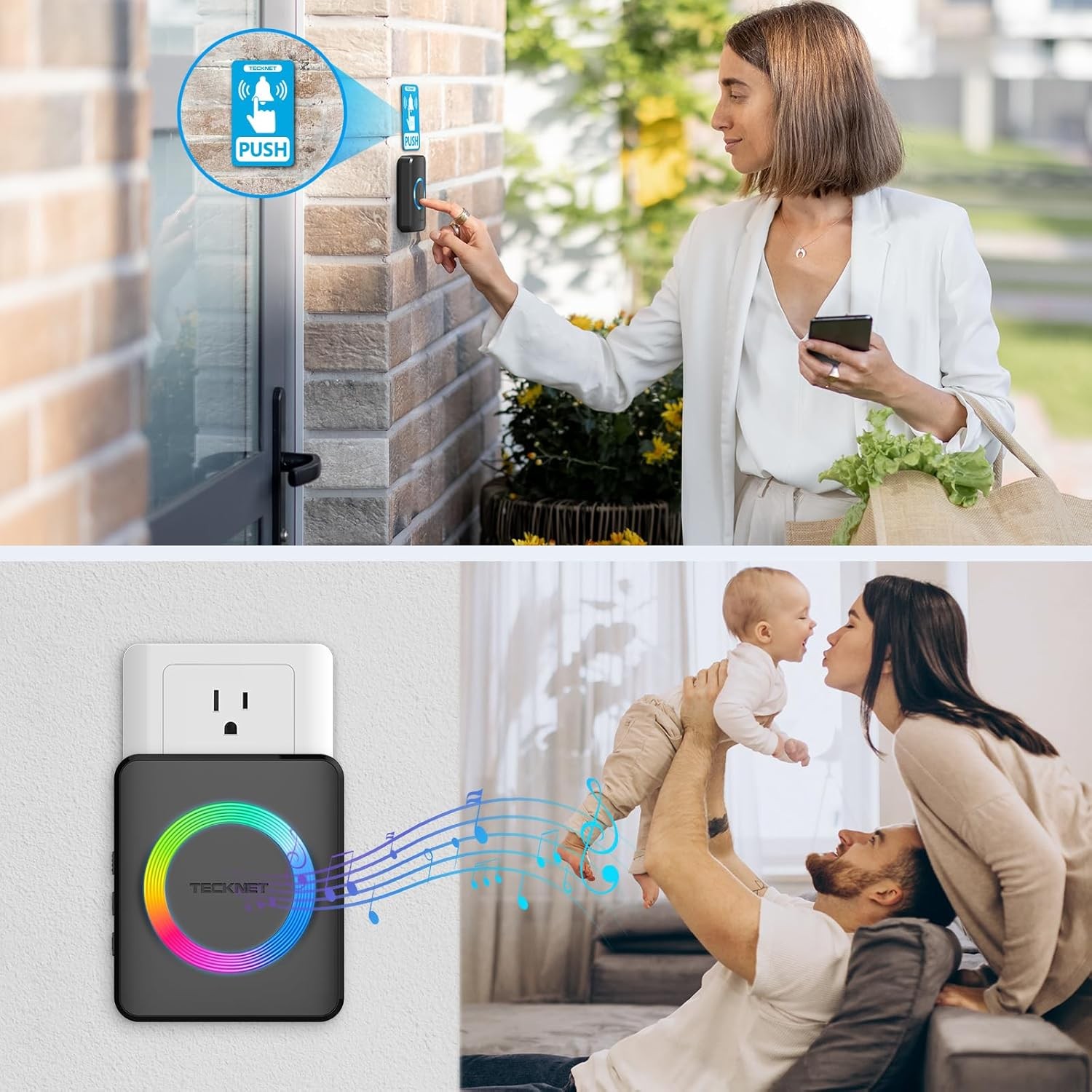 TECKNET Wireless Doorbells for Home, 1 button & 1 plug-in receiver, BLACK