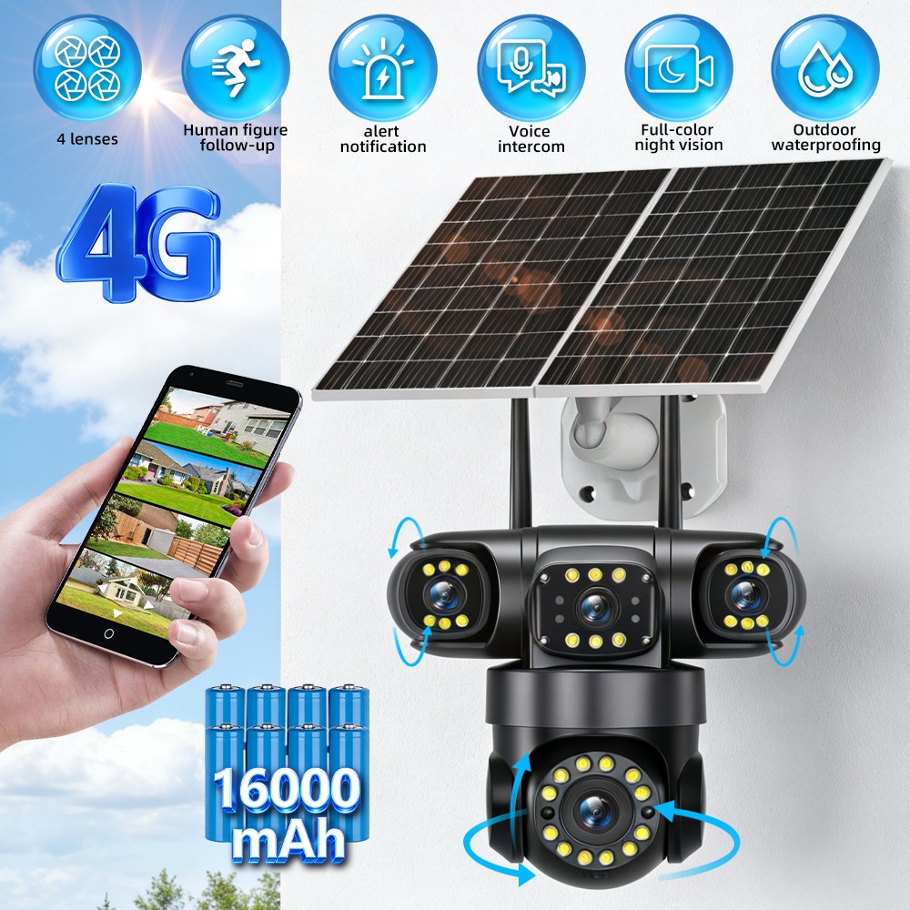 4 Lens 16 MP 4G SIM Solar Security IP Camera Outdoor CCTV Motion Detection PTZ