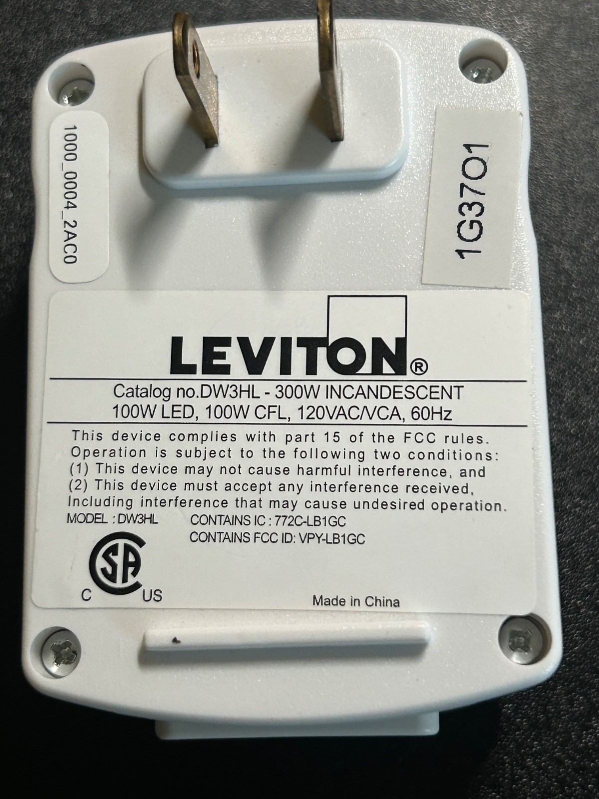 Leviton Decora DW3HL-300W Smart WiFi Dimmer 120 V, White