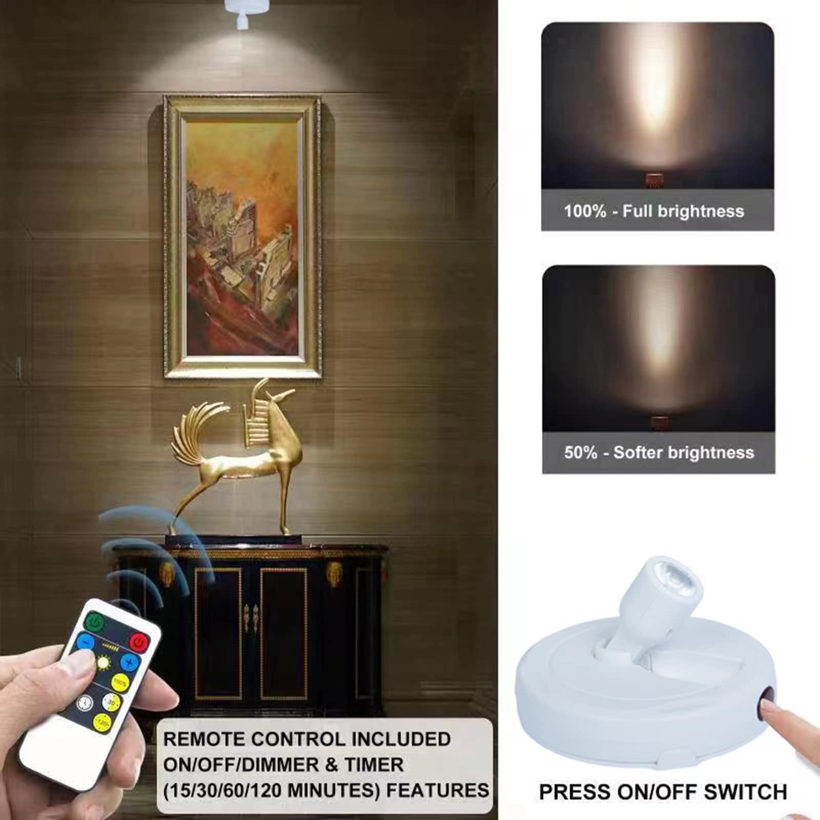 HAMVIDNE Wireless LED Spotlight, Battery Operated Picture 2 Pack, Pure White