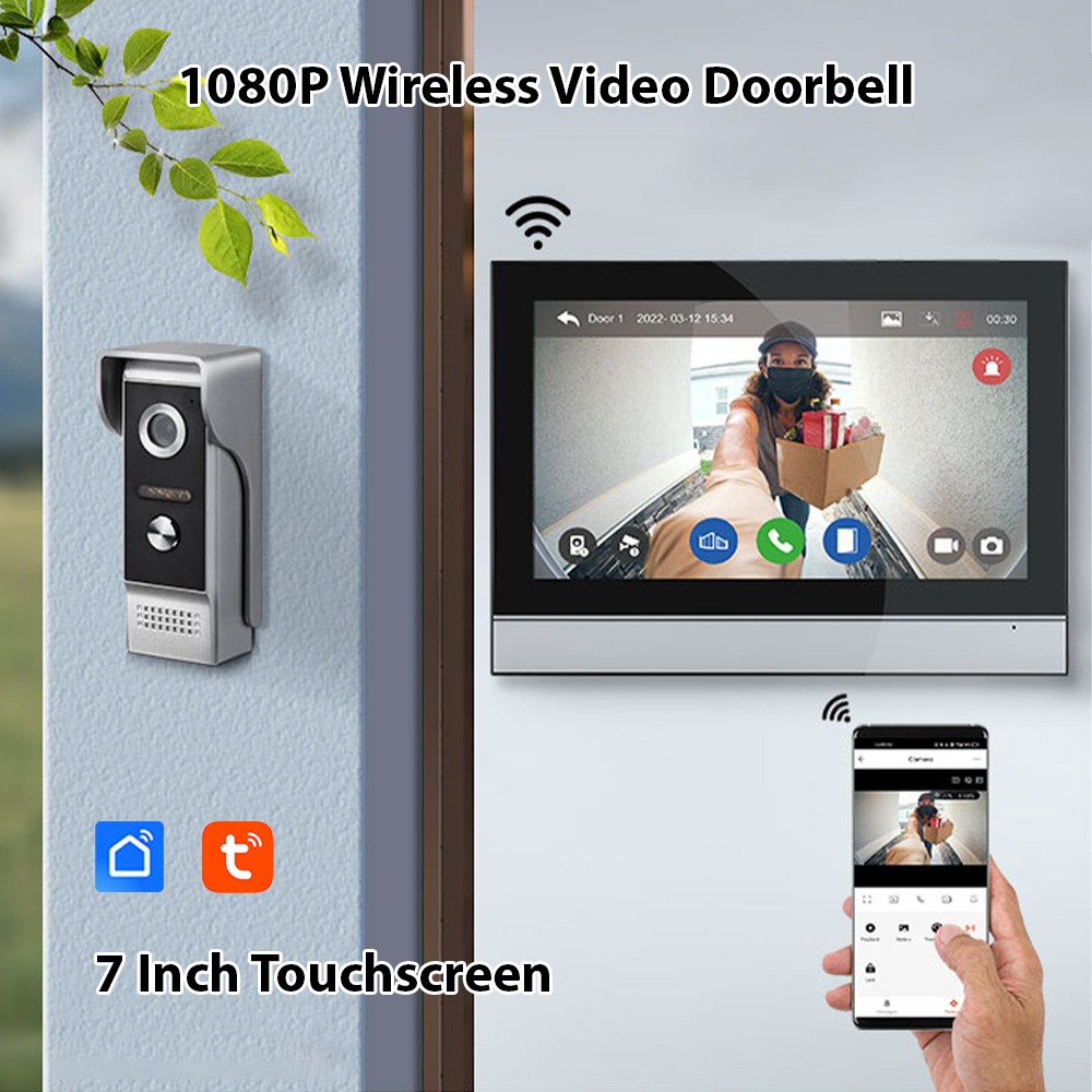 1080P Wireless Video Doorbell Camera With Monitor TY APP WiFi 7 Inch Touch TGRW