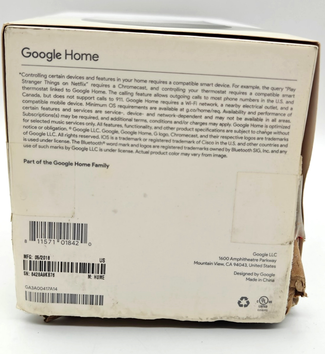 Google Home Smart Assistant Speaker GA3A00417A14 White/Slate New