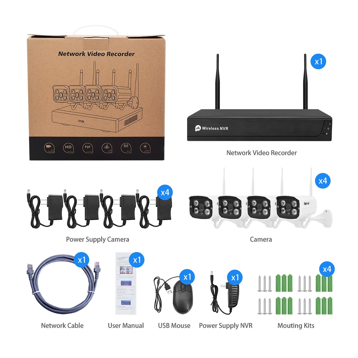 Tuya Alexa Wireless Security Camera System 1080P 4Pcs 8CH NVR 1TB HDD Outdoor