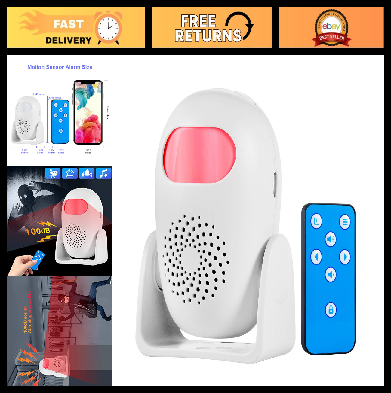 Indoor Motion Detector Alarm with Remote Control, 110dB, 4 Volume Levels, Securi