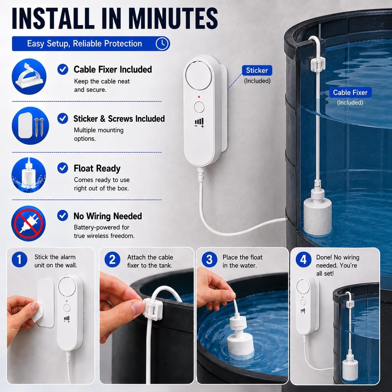 High/Low Water Level Sensor Alarm 100dB for Sump Pump, 78″ Cable, Battery Operat