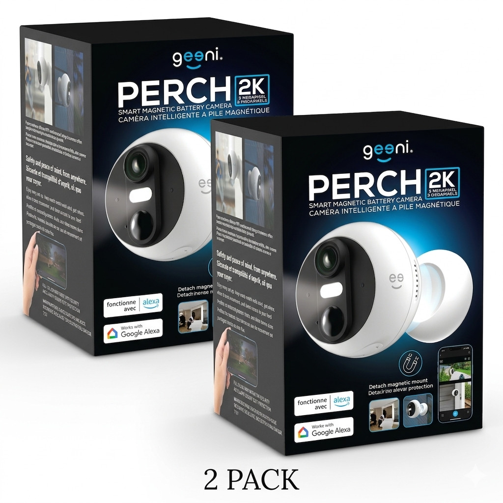 Geeni Perch 3MP Magnetic Battery Camera 2-Pack – 2K HD Outdoor, IP66