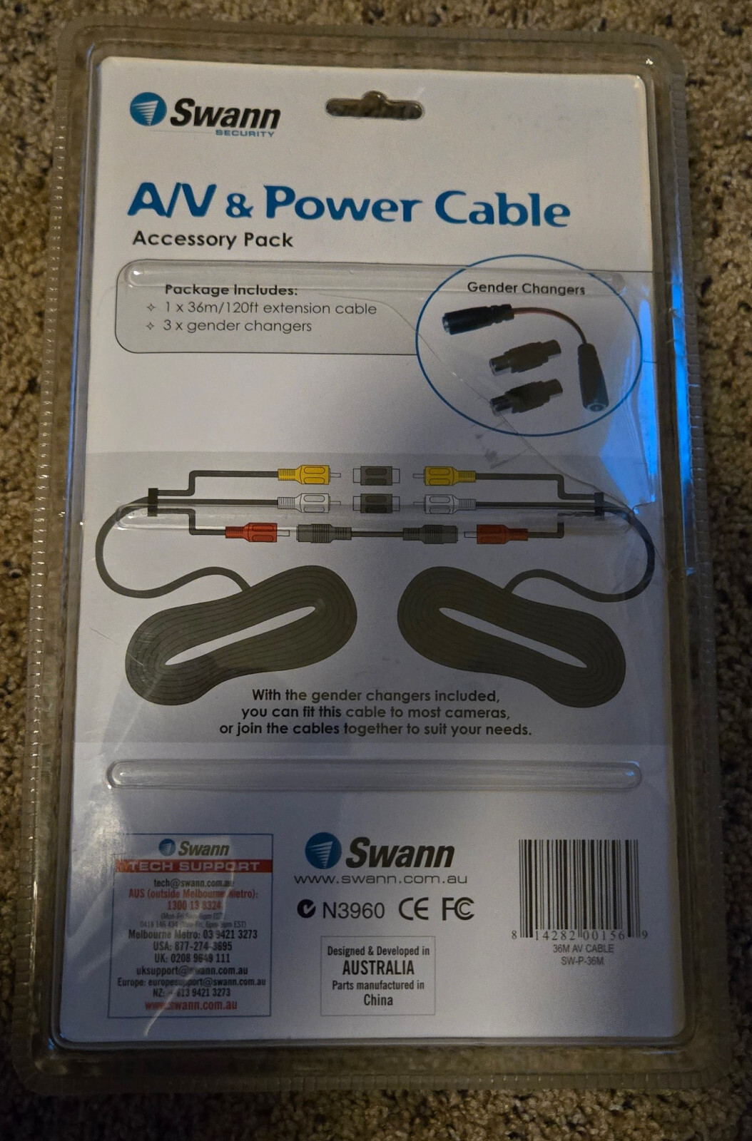Swann 36M (120ft) Audio Video Power Cable for Secuity Cameras w/ Gender Changers