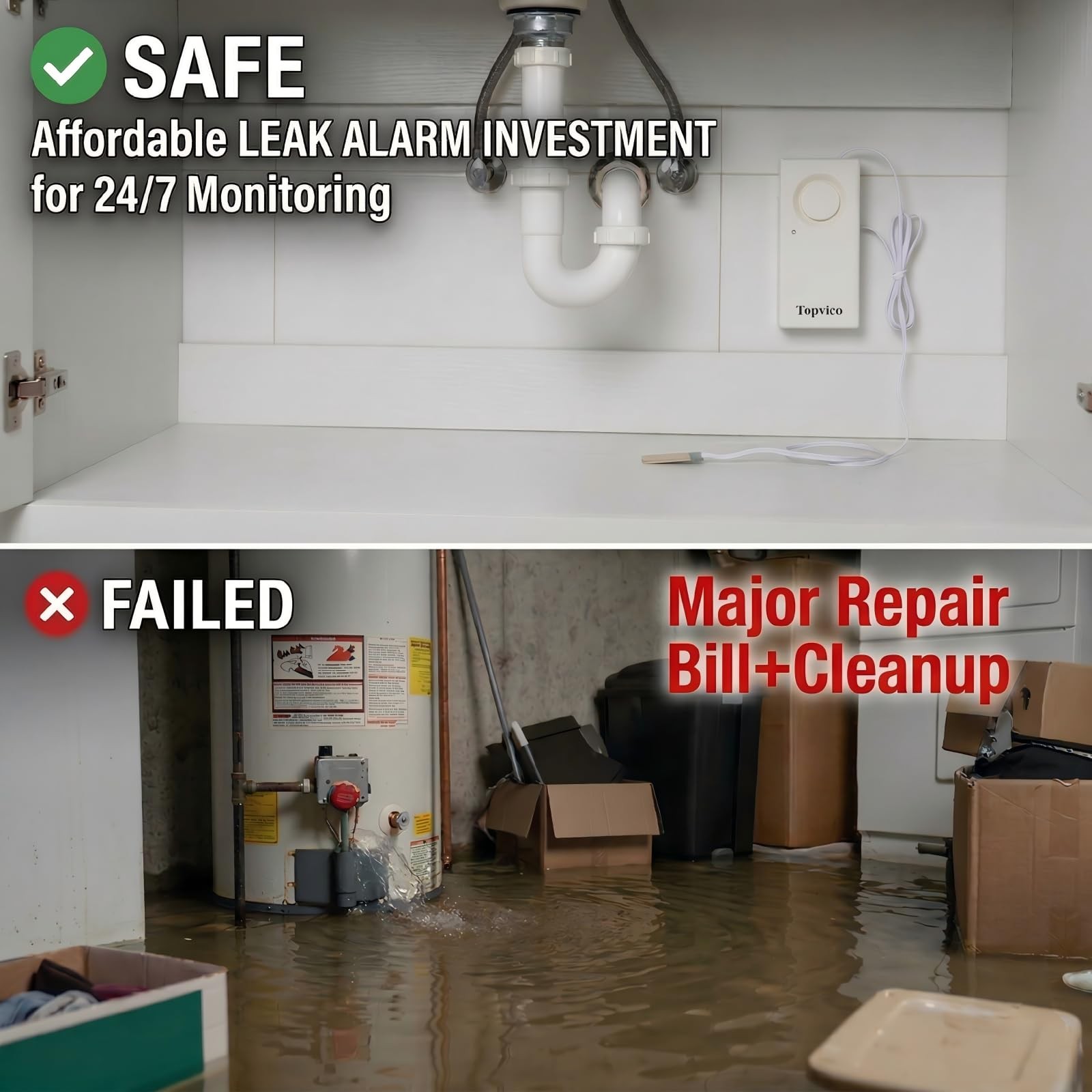 Water Leak Sensor Detector Flood Alarm For Basement Moisture 120db Work Alone Ba