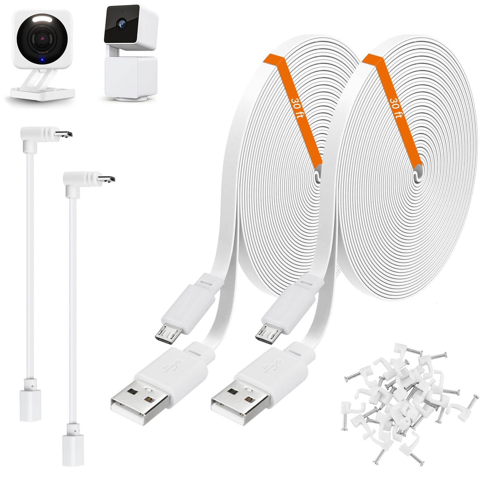 2 PCS 30ft 9m Power Extension Cable Wyze Cam V3 V4 Pan USB Charging Cord White
