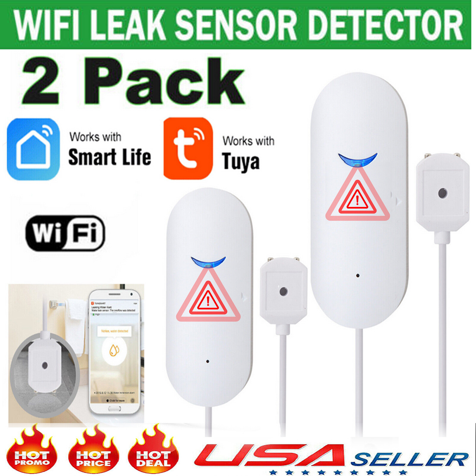 2 Pack Tuya Smart WiFi Water Leak Sensor Flood Leakage Level Alarm Detectors US