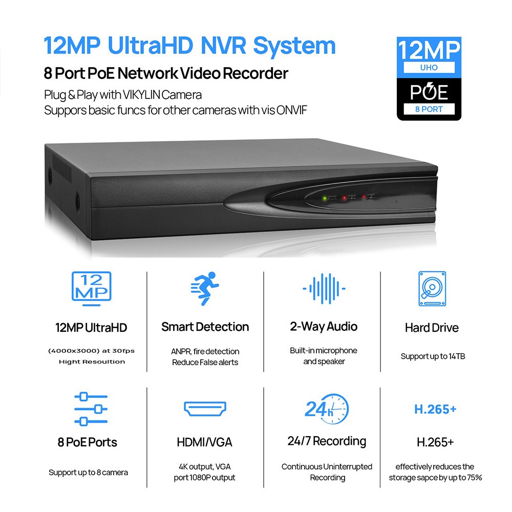 Vikylin 4K 8MP 8CH 8POE NVR IRI P Camera MIC Security System Indoor Black Lot