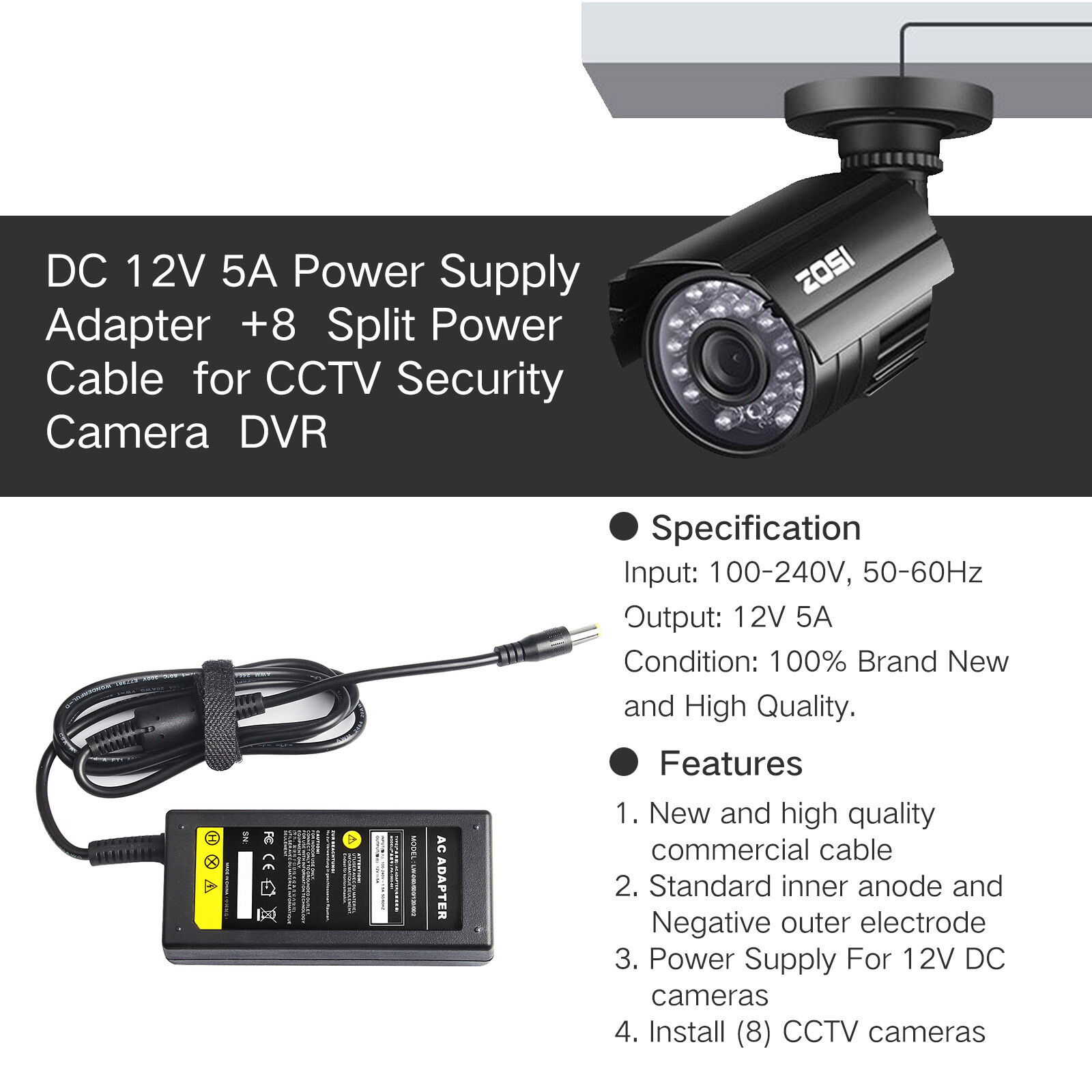 12V 5A AC Charger Adapter + 8 Splitter Power Cord for CCTV Security Camera DVR