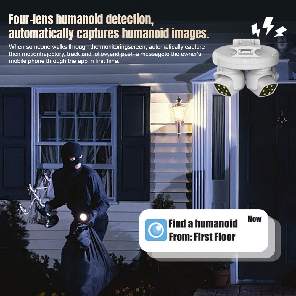 Four Lens HD WiFi Security IP Camera Outdoor PTZ Video Cam Night Vision 10X Zoom