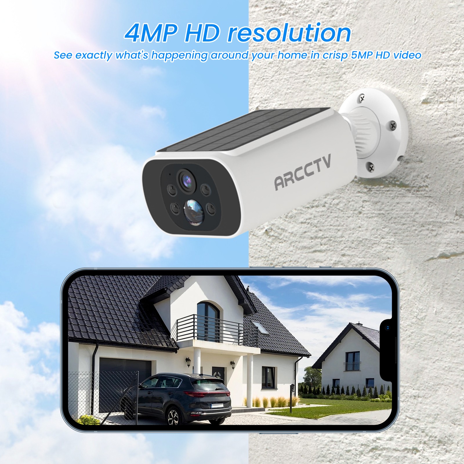 ARCCTV 4MP Solar Security Camera,100% Wire-Free,Color Night Vision & Spotlight