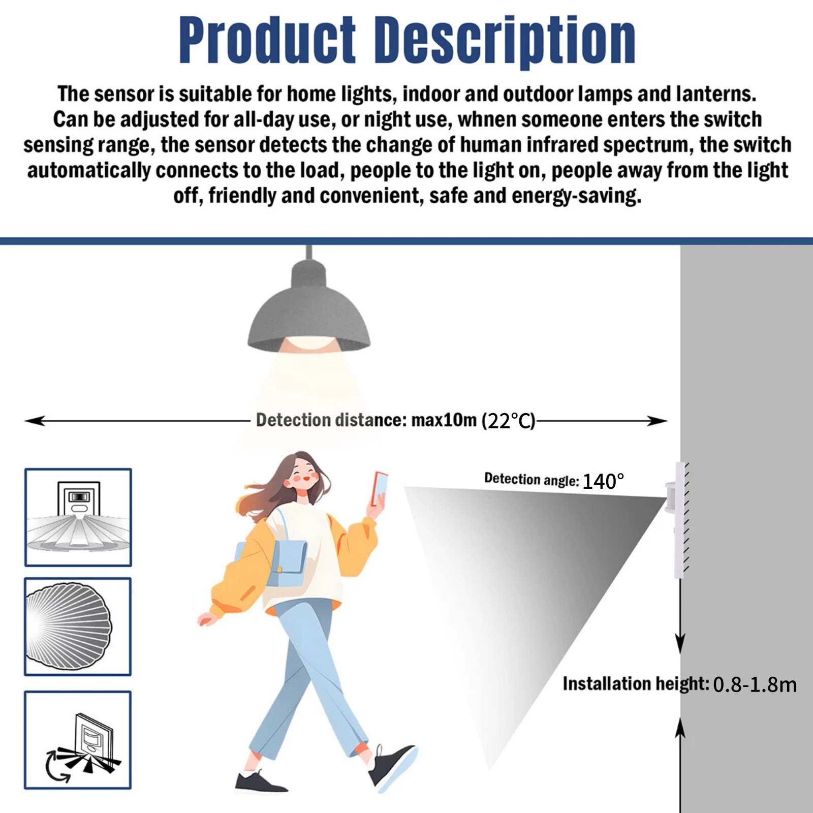 Motion Sensor Switch with Time/Lux Adjustment AC100-240V for Office & Home Use