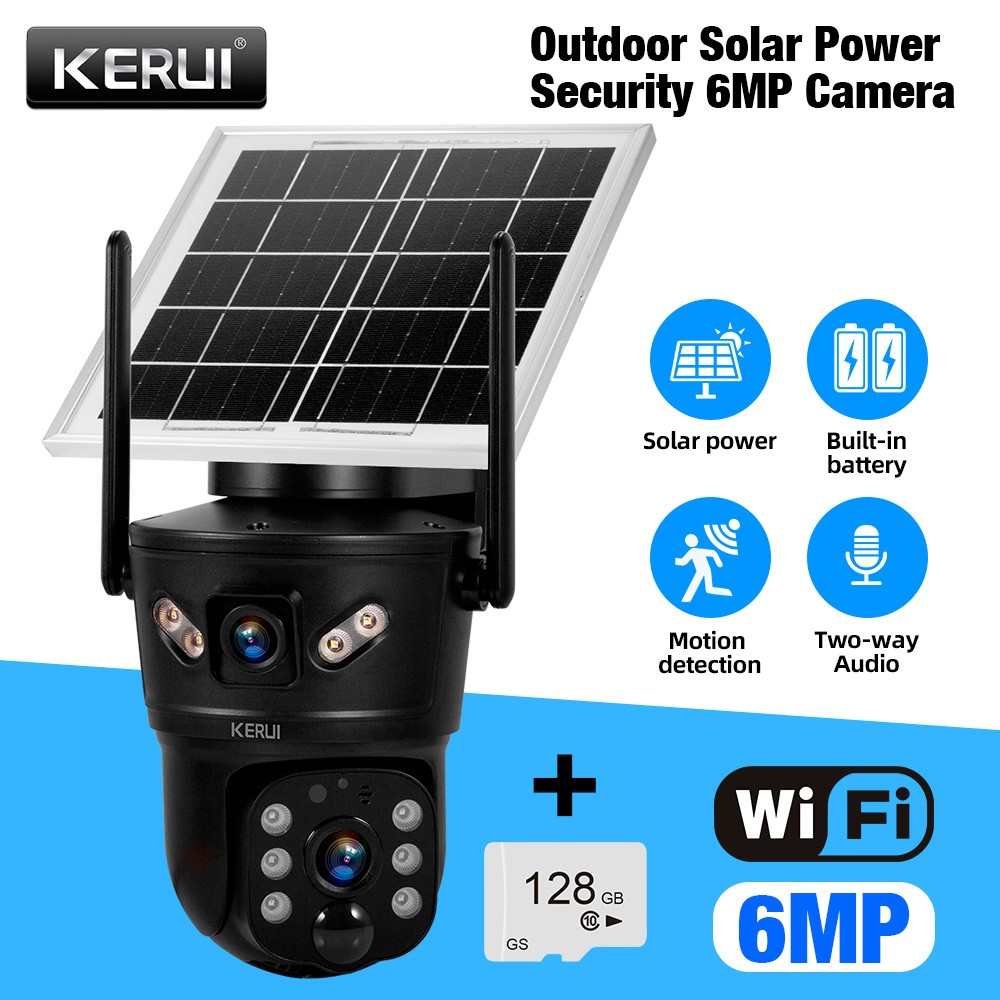 6MP WIFI Solar Panel Dual Lens Camera Waterproof Home Security Camera 128G Card