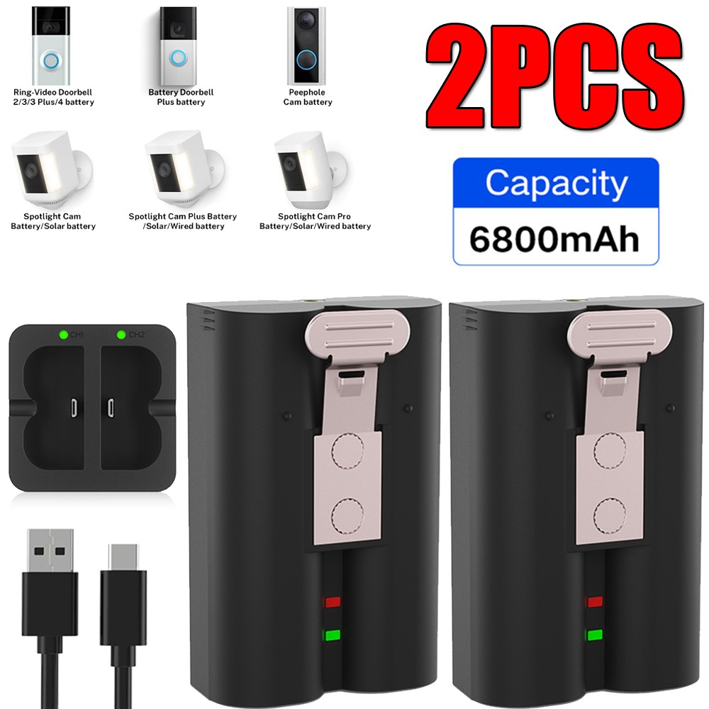 2Pack Replacement Lithium Battery + Charger for Ring Doorbell Spotlight Camera