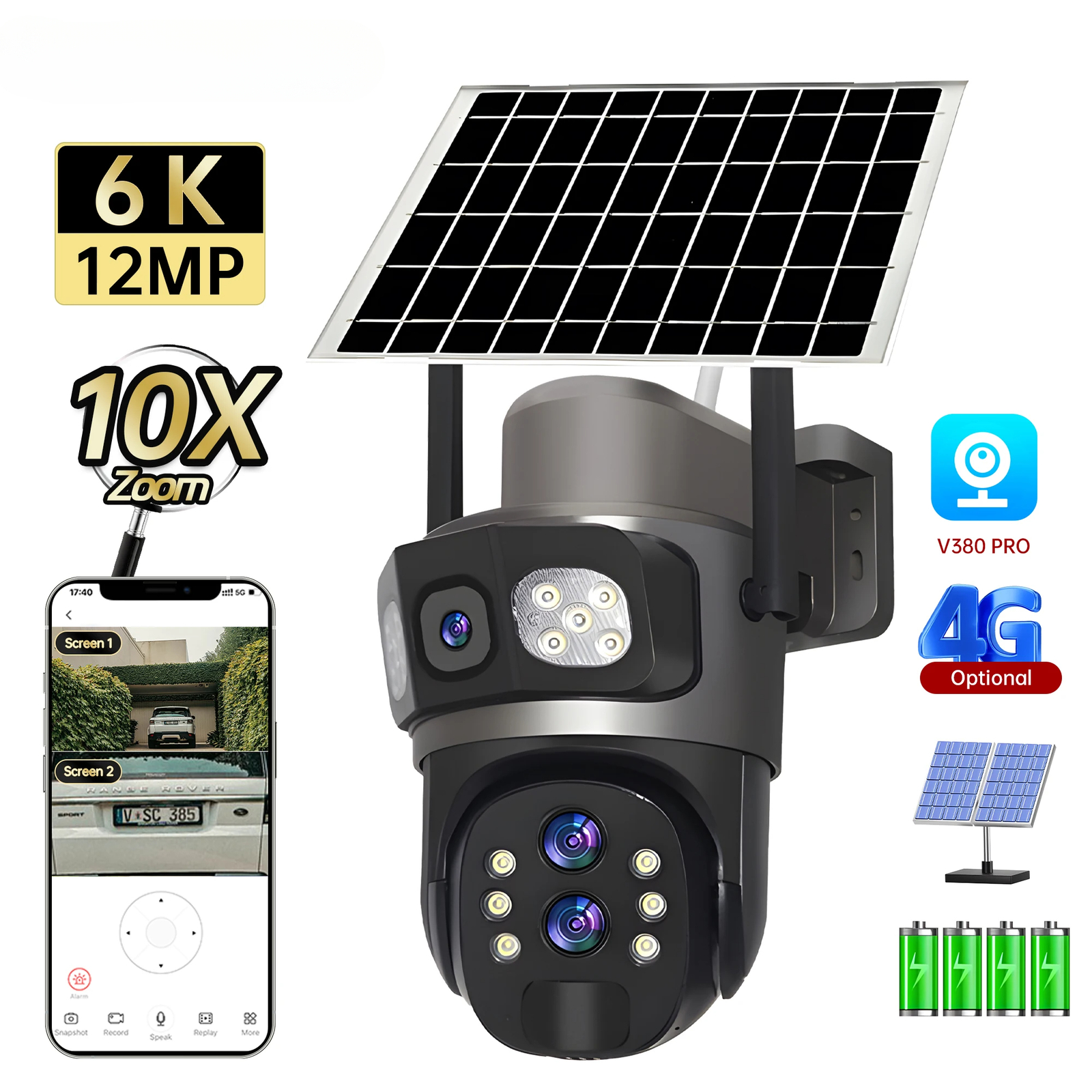 Solar Camera Outdoor 6K 12MP Three Lens Security Human Auto Tracking CCTV Camera