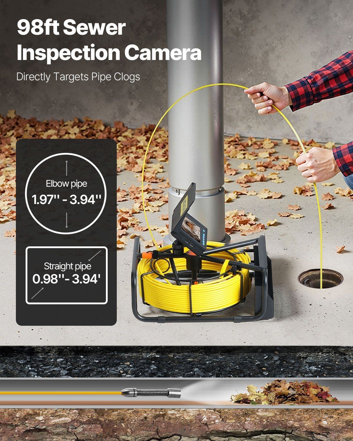 30M Sewer Camera w/ 11cm TFT LCD, IP68 Waterproof, 6LEDs, 8500mAh Battery