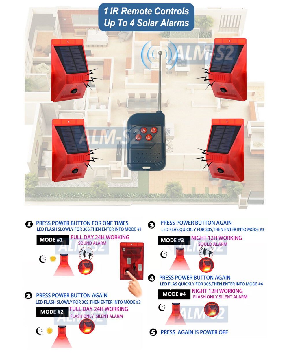 Outdoor Motion Sensor Alarm With Siren Warning Light And Remote Controlled