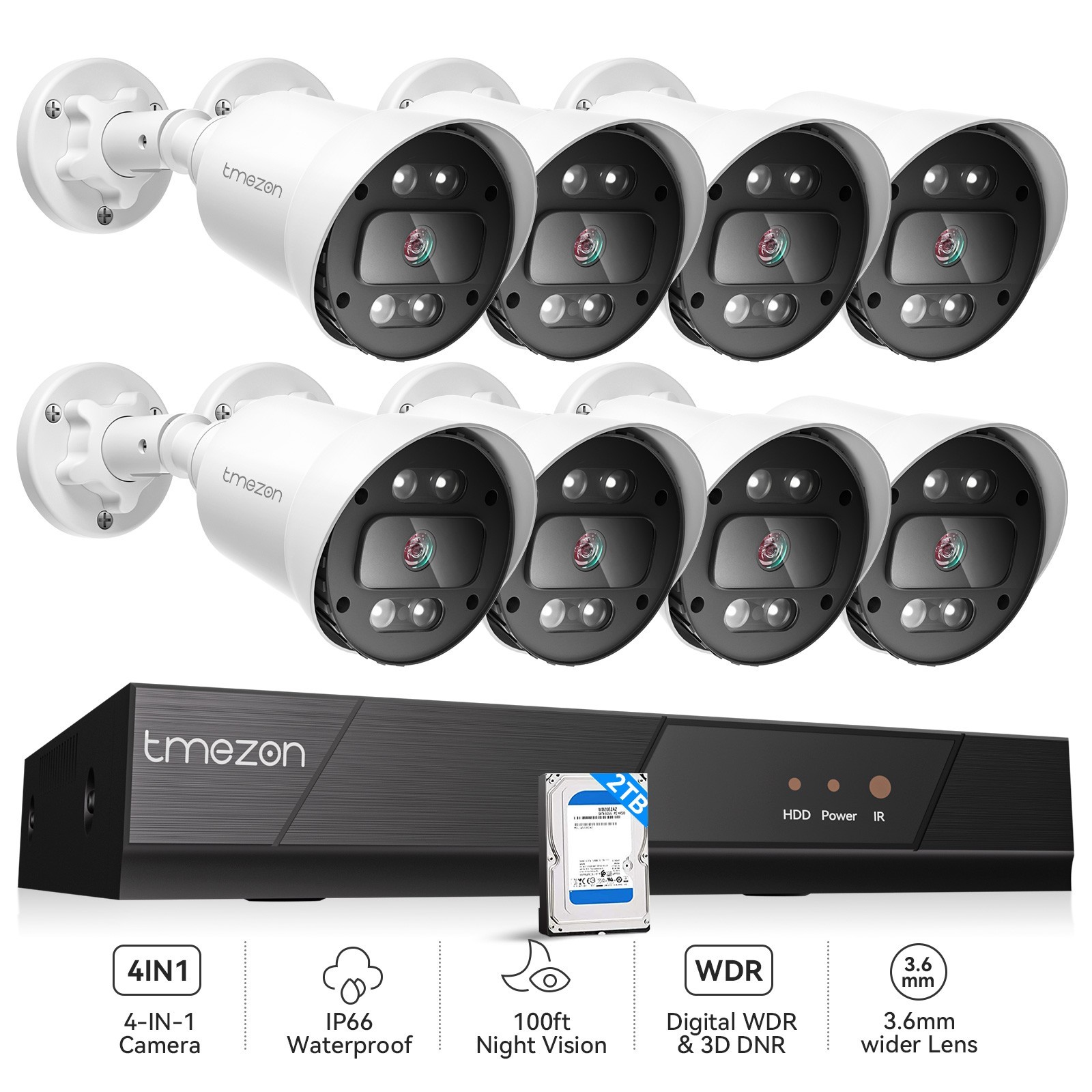 TMEZON 8CH 5MP DVR Security Camera System Kit Home Outdoor Color Night Vision