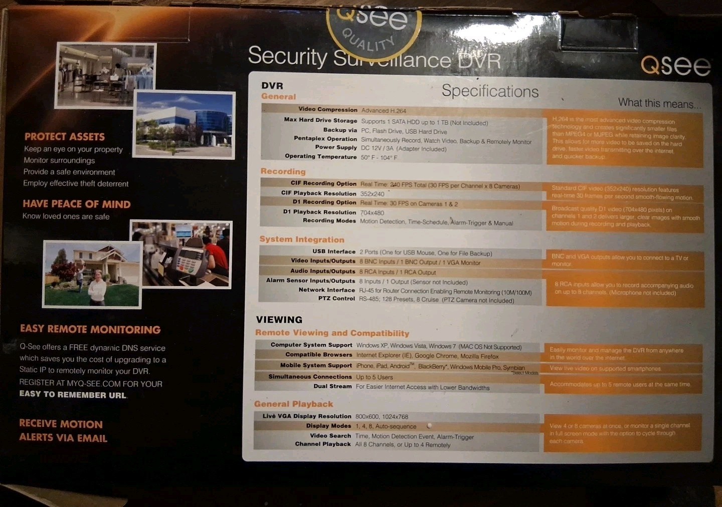 Q-See Security DVR W/500Gb- 4 Cams,Mouse,Remote,email Alert,Motion Det. New
