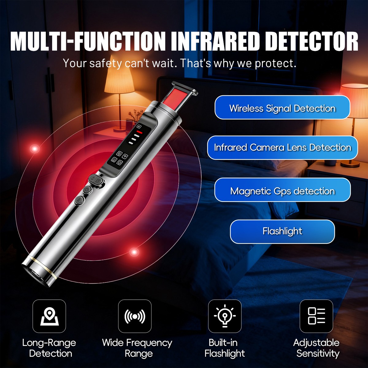 Mini RF Detector 4 Sensitivity Levels 20H Battery Type-C Rechargeable for Travel