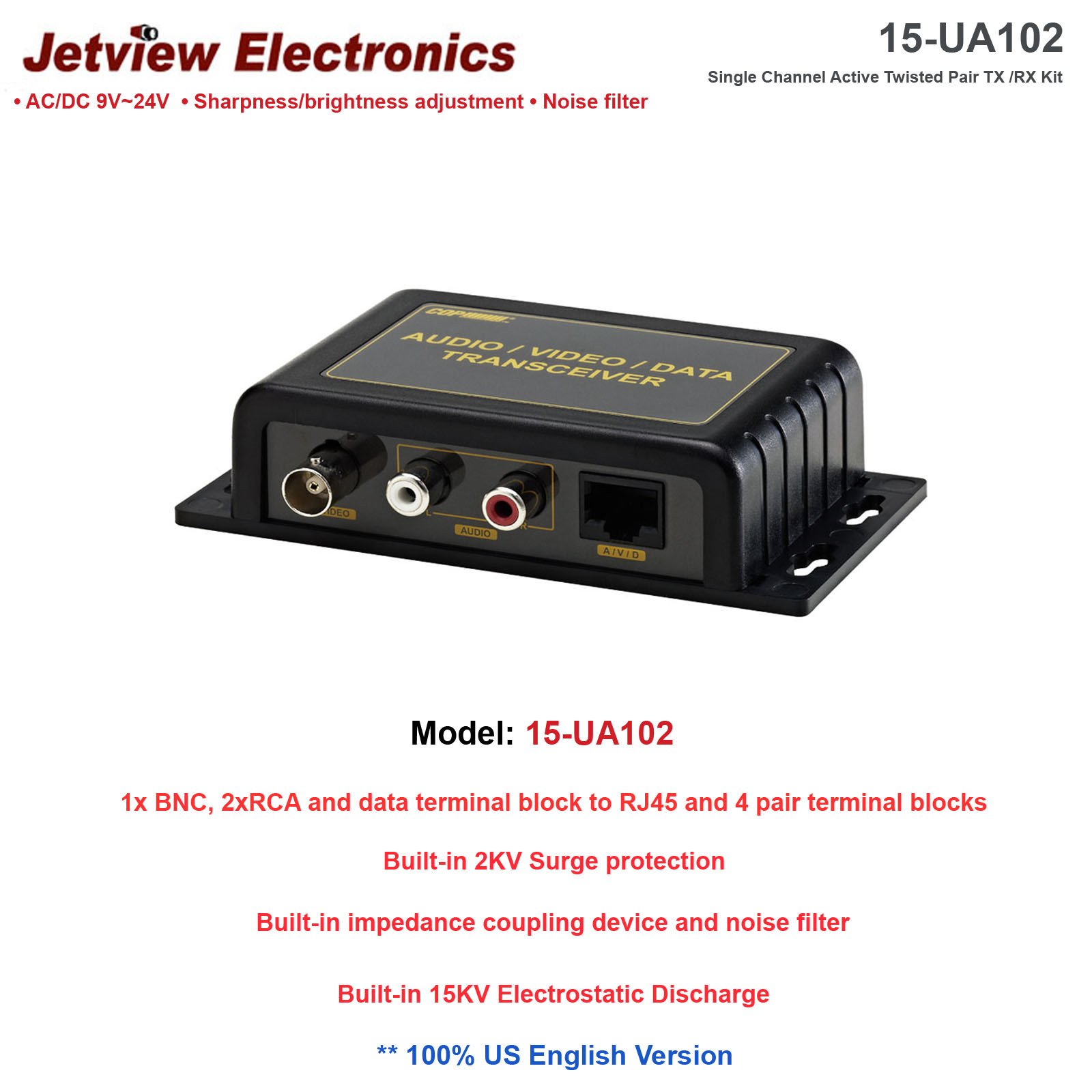 NEW!!Jetview 15-UA102 Single Channel Active Twisted Pair TX /RX Kit/Noise filter