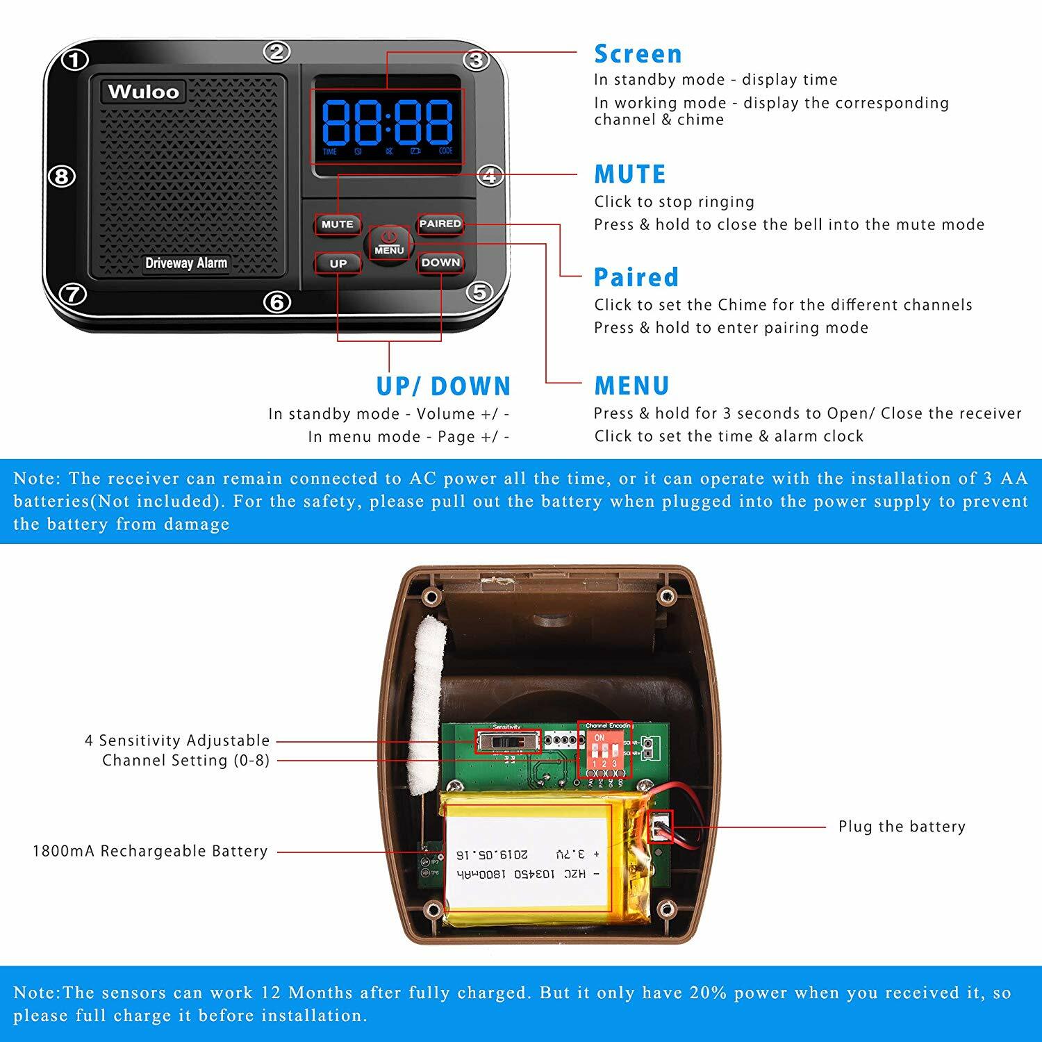 Wuloo Home Yard Gate Driveway Alert Wireless Outdoor Motion Sensors Alarm System