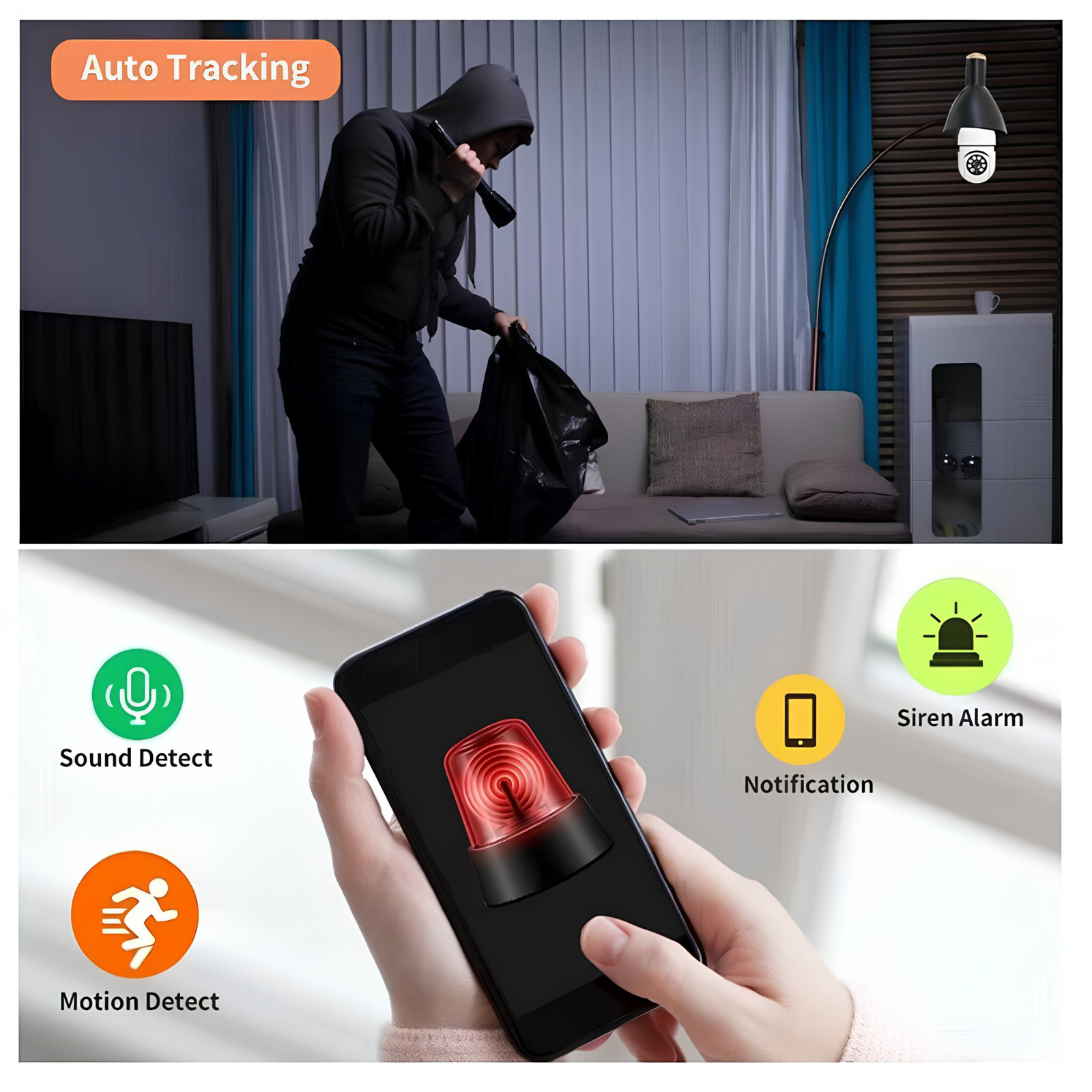 1080P Light Bulb Security Camera WiFi 360° PTZ Two Way Audio Night Vision V380