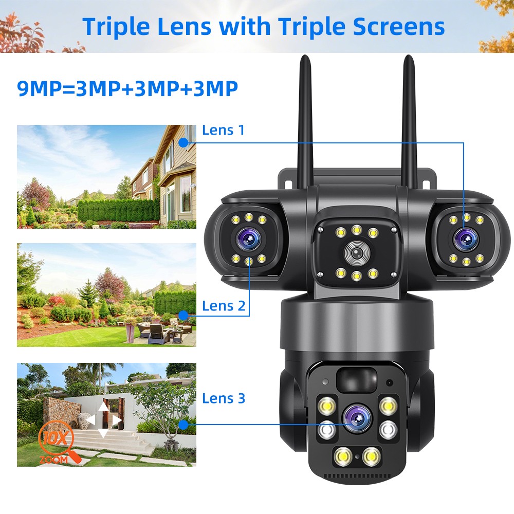4K Solar Security Camera Wireless Outdoor 3-Lens 360° PTZ WiFi Night Vision Cam