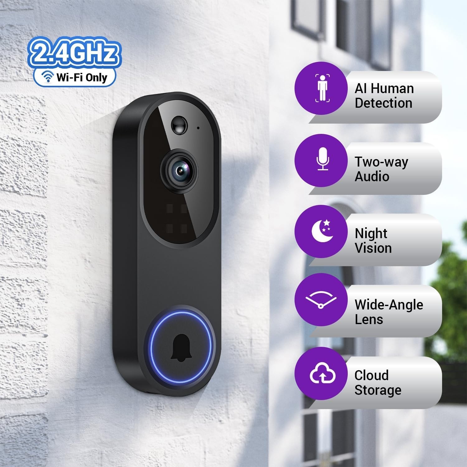 Battery-Powered 1080p Wi-Fi Doorbell with 2-Way Audio and Secure Cloud Storage